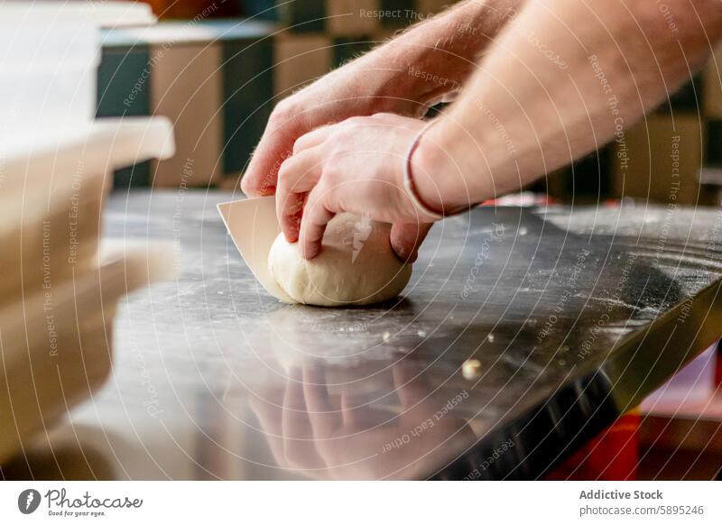 Zubereitung von Pizzateig von Hand in einer Küche Teigwaren Kneten Vorbereitung Prozess backen Essen zubereiten Mahlzeit Lebensmittel Italienisch Küchenchef