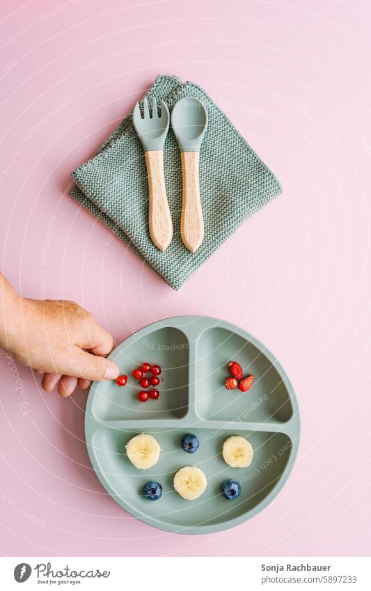 Hand hält einen Kinderteller mit frischen Obst. Draufsicht. Baby Teller Essen Lebensmittel Gesundheit lecker Ernährung Gesunde Ernährung Frucht Bioprodukte