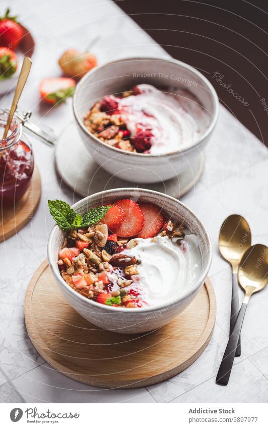 Von oben auf eine frische Joghurtschale mit Früchten und Müsli Schalen & Schüsseln Frühstück Sommer Erdbeeren Himbeeren Marmelade Frucht Belag Gesundheit Morgen