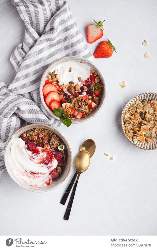 Draufsicht auf gesunde Müslischalen mit Joghurt und Früchten Frühstück Erdbeeren Frucht Schalen & Schüsseln Sommer Muttern Saatgut Lebensmittel Mahlzeit Snack