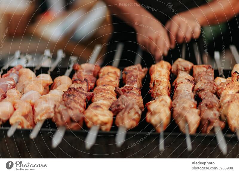 Braten von Schaschlik am Spieß im Schmortopf. Frisches rotes Fleisch für den Grill auf dem Feuer im Freien. Lebensmittel Barbecue Kebab Essen zubereiten