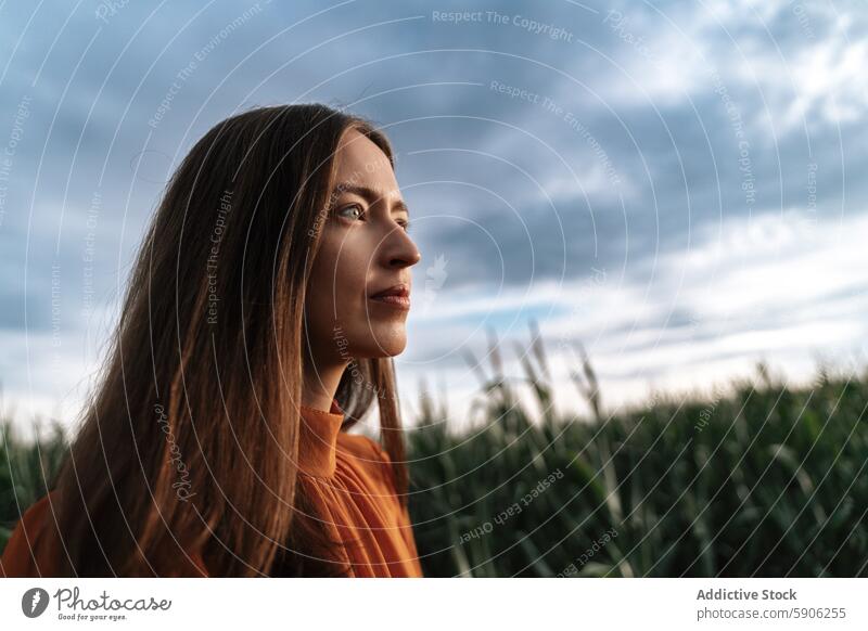 Nachdenkliche brünette Frau in einem Feld unter bewölktem Himmel nachdenklich wolkig Natur im Freien ruhig Gelassenheit beschaulich grün Gras Einsamkeit allein