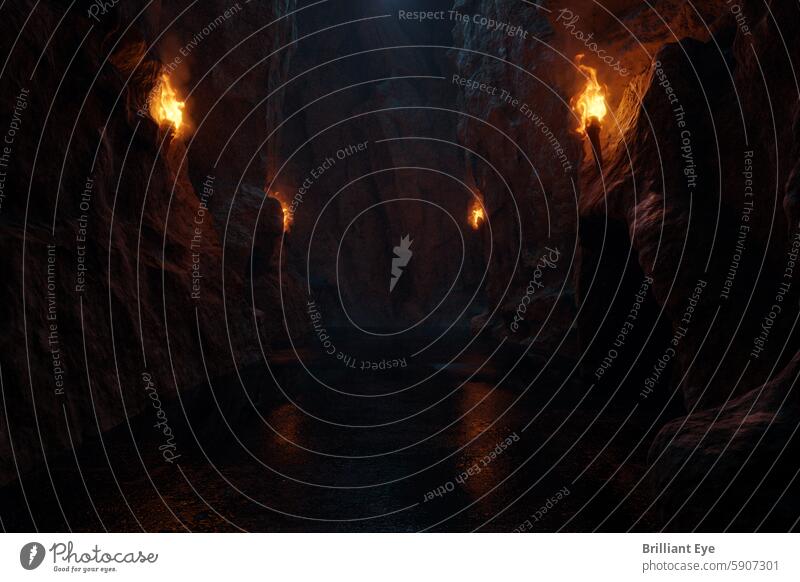 Durchgang durch dunkle Höhle mit brennenden Fackeln 3D-Rendering Verlassen abstrakt Abenteuer Hintergrund blau Gang dunkel tief Umwelt episch Erkundung Nebel