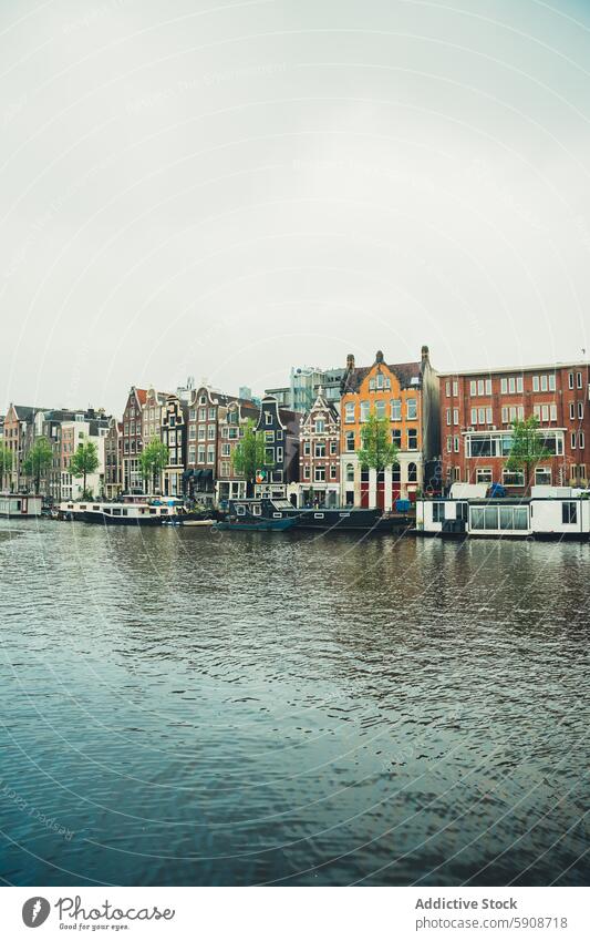 Beschauliche Amsterdamer Gracht mit ikonischen schmalen Häusern Niederlande Kanal Haus Wasser Boot Architektur reisen Großstadt urban Europa holländisch Fassade