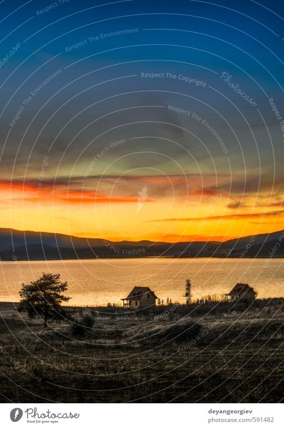 Staudamm im Berg bei Sonnenaufgang schön Ferien & Urlaub & Reisen Tourismus Sommer Berge u. Gebirge Tapete Umwelt Natur Landschaft Himmel Wolken Horizont See