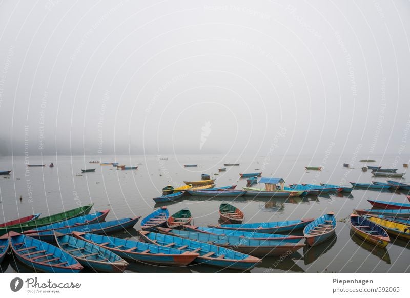 Niemand da bei Nebel Umwelt Natur Landschaft Wasser Wolken Horizont Wetter schlechtes Wetter Wellen Küste Seeufer Flussufer Schifffahrt Bootsfahrt Fischerboot