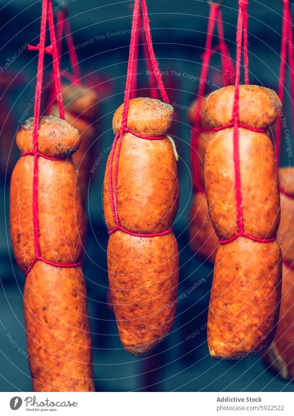 Traditionelle spanische Sobrasada-Würste in Reihen aufgehängt Wurstwaren Spanisch balearisch geheilt erhängen Fleisch Würzig traditionell Mallorca Delikatesse