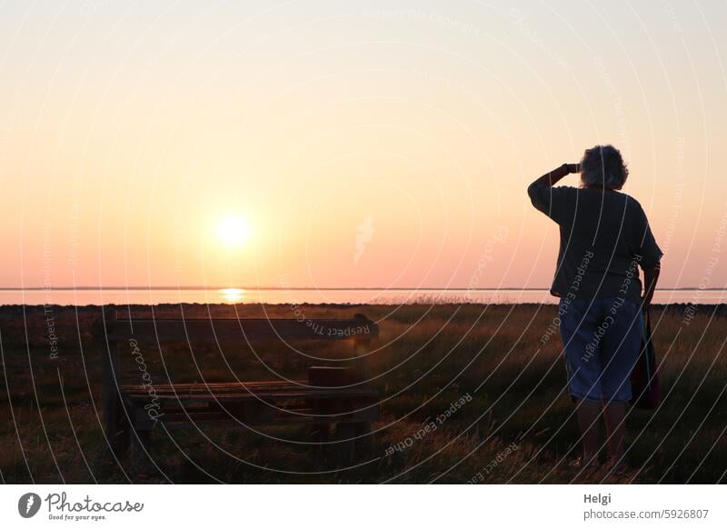 Hallig Gröde | Sonnenuntergang schauen Sonnenlicht Abend abends Mensch Frau Seniorin Silhouette Rückansicht Gegenlicht Nordsee Meer Meerblick Himmel Spiegelung