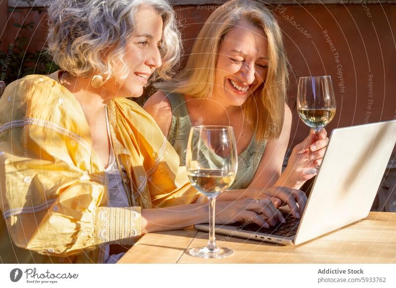 Zwei Frauen genießen Wein und benutzen einen Laptop im Freien Lächeln mittleren Alters Freude Freizeit Freundschaft Moment Zusammensein Technik & Technologie