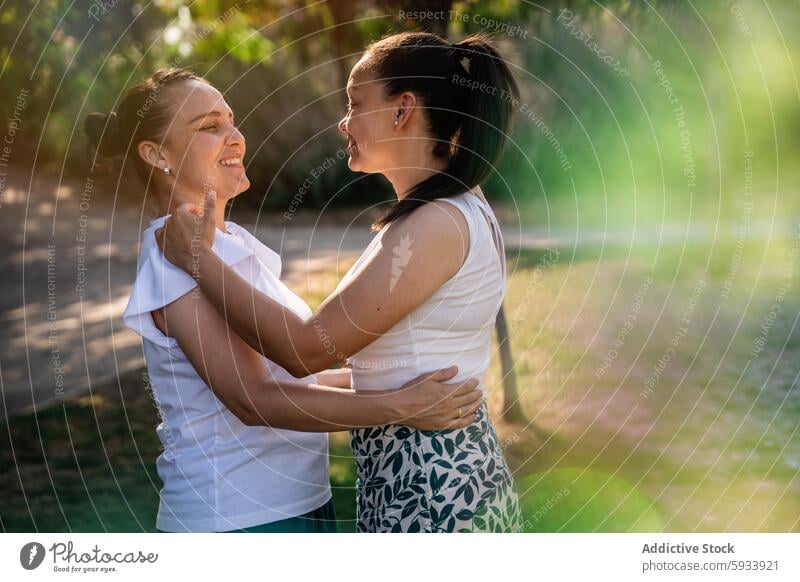 Lesbisches Paar umarmt sich in einem sonnenbeschienenen Park lesbisch Sonnenlicht Umarmen Freude Angebot Frau Liebe Fröhlichkeit Partnerschaft Zusammensein