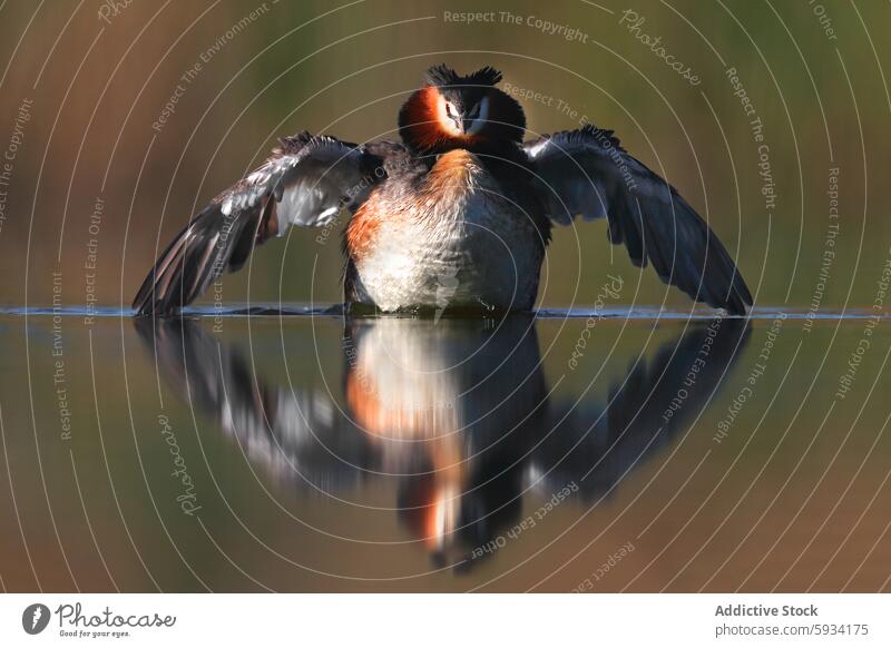 Haubentaucher beim Ausstellen der Balzfedern auf dem Wasser Vogel Reflexion & Spiegelung Podiceps cristatus Anzeige Paarung Gefieder Flügel Feder Natur Tierwelt