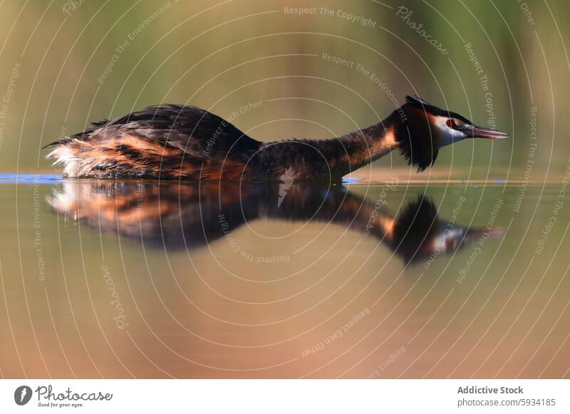 Haubentaucher schwimmen auf einem ruhigen See Vogel Wasser Podiceps cristatus Tierwelt Natur Gefieder Schwimmsport Reflexion & Spiegelung Gelassenheit Feder