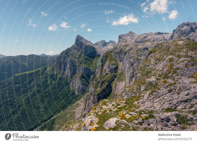 Majestätische Ausblicke auf die Gebirgsketten der Picos de Europa im Sommer Berge u. Gebirge Gipfel Tal Landschaft Picoos de europa grün robust im Freien Natur