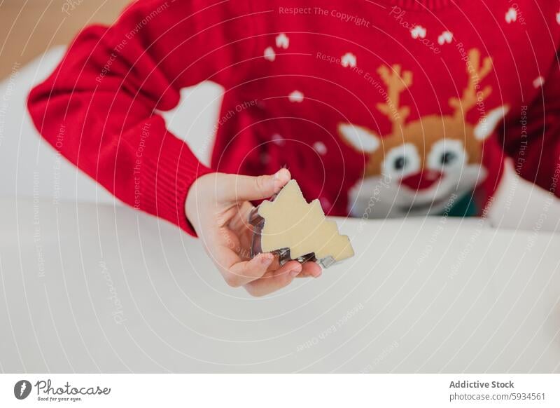 Kinderbacken mit einem festlichen Thema für Weihnachten Ausstechform Pullover rot Feiertag Freude Essen zubereiten Küche Dezember Winter im Innenbereich