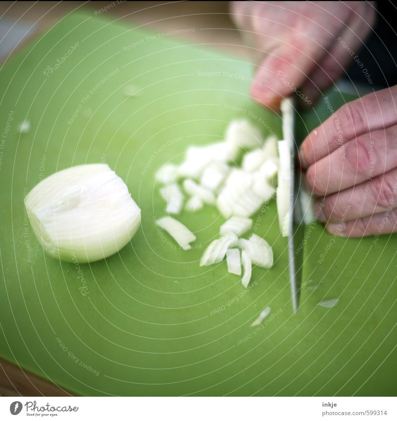 Zwiebeln würfeln Lebensmittel Gemüse Ernährung Mittagessen Messer Lifestyle Freizeit & Hobby Erwachsene Hand Finger 1 Mensch frisch Gesundheit grün fleißig