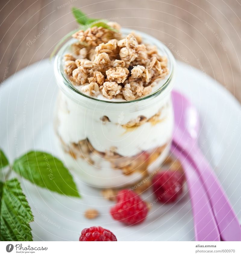 Knusper, knusper Müsli Cornflakes Frühstück Ernährung Joghurt Honig süß Snack Gesundheit Gesunde Ernährung Essen Foodfotografie Himbeeren Diät lecker Vitamin