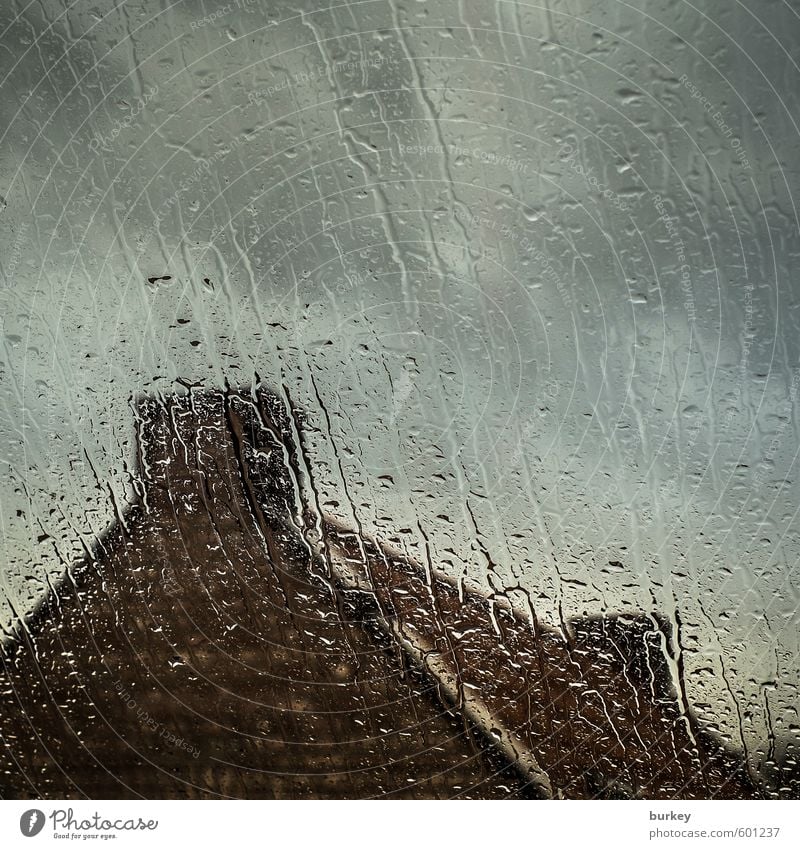 Herbststurm Wassertropfen Wolken schlechtes Wetter Unwetter Regen Kleinstadt Einfamilienhaus Fenster Dach Schornstein Stein Backstein Tropfen Traurigkeit warten