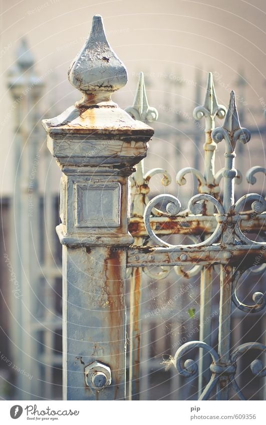 zaun der zeit Altstadt Zaun alt grau Vergangenheit Vergänglichkeit Schmiedekunst Eisen Metall Rost Patina Lack Begrenzung Spitze Farbfoto Gedeckte Farben