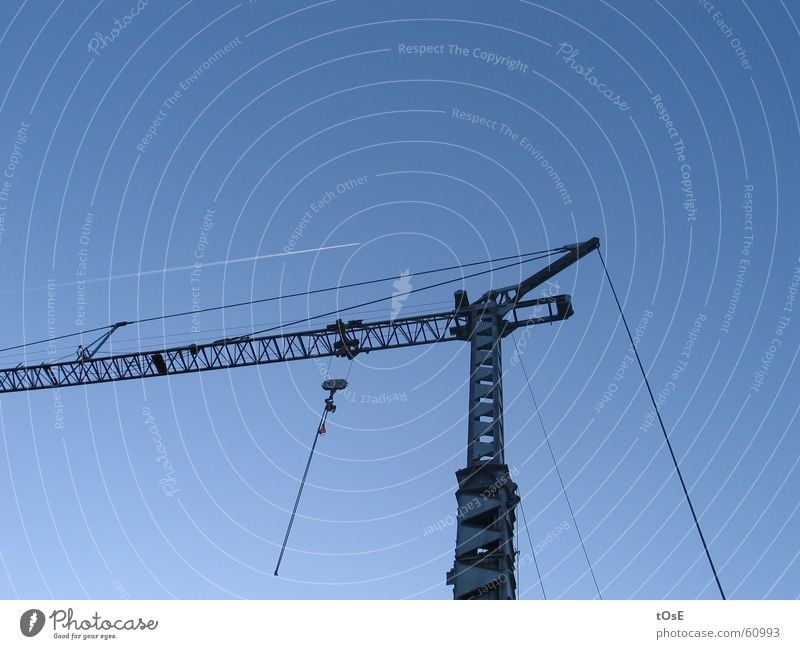 Der Kran und der Kranich Flugzeug Kondensstreifen Haken Drahtseil Stahl parallel Himmel Schönes Wetter blau lufthansa