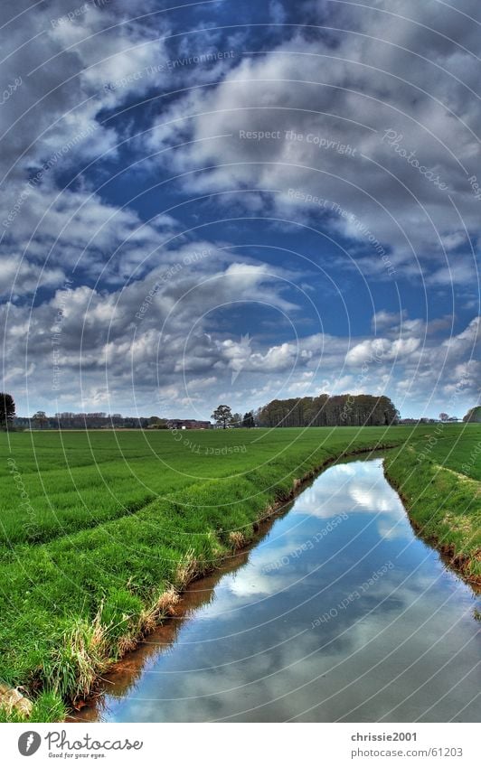 Bach in Winternam grün Wolken Gras Reflexion & Spiegelung Baum HDR ruhig Sturm Niederrhein Gewässer Strömung Landschaft Kontrast Fluss Dynamik außenaufname