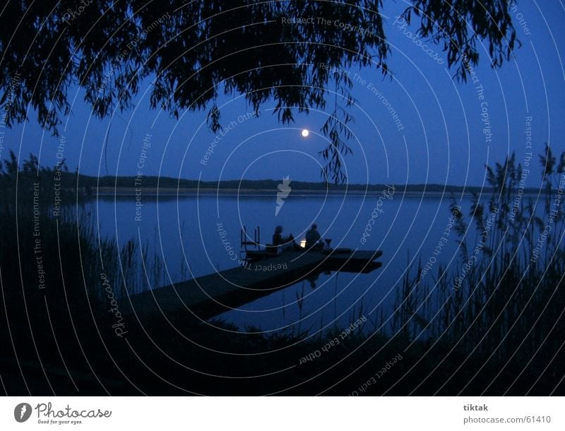 Blaue Stunde Nacht Mondschein Mondaufgang See Ferien & Urlaub & Reisen Romantik Camping unheimlich mystisch Abenddämmerung blau Wasser Steg available light