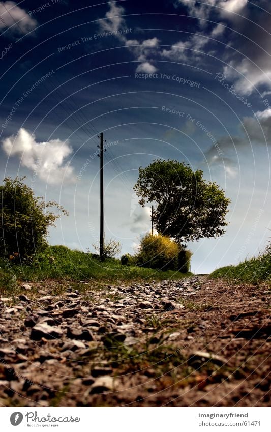 landschaft II Wolken Gras Wiese Feld Strommast Baum Länder Sommer Himmel Wege & Pfade country Natur Kies