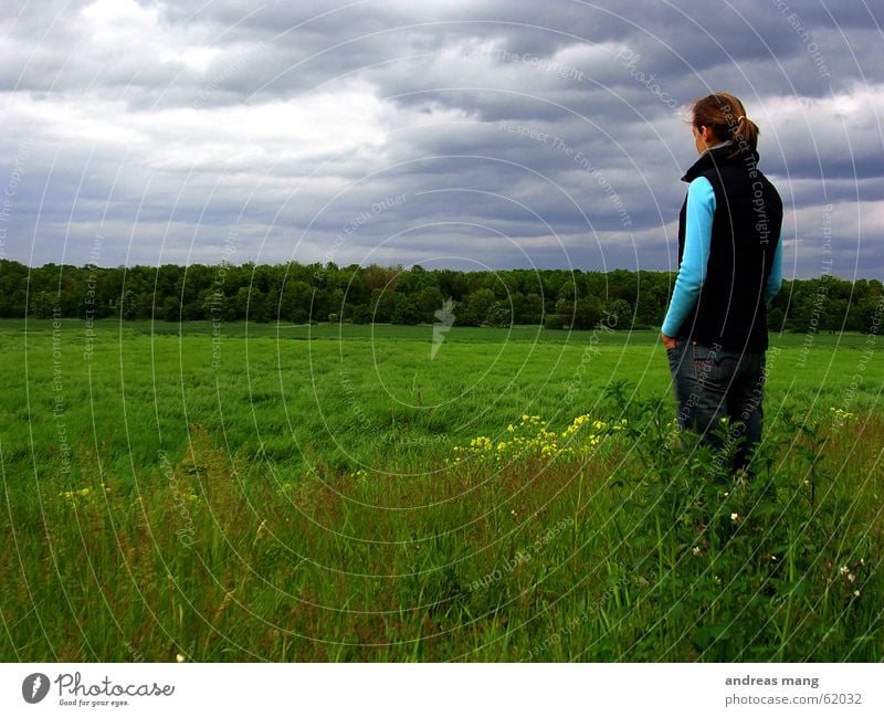 Watching the world Himmel Wolken Unwetter grau schlechtes Wetter Wald Gras Feld Frau stehen trüb Trauer Horizont sky clouds cloudy grey forest field Ferne