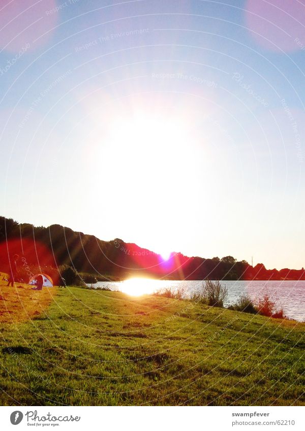 Die Sonne scheint pink. rosa Strand Wiese Gras Zelt Camping See Baum Wald Freizeit & Hobby Sommer Frühling Gegenlicht Verlauf Sonnenstrahlen Deich Spielen