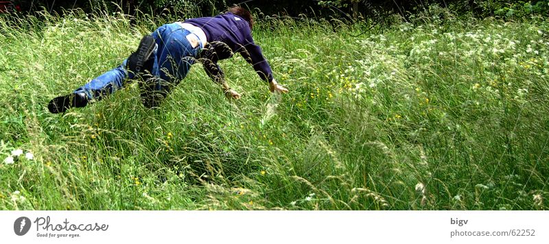 Feld-Schwimmen springen verrückt grün Wiese Freude Unbekümmertheit wagrecht