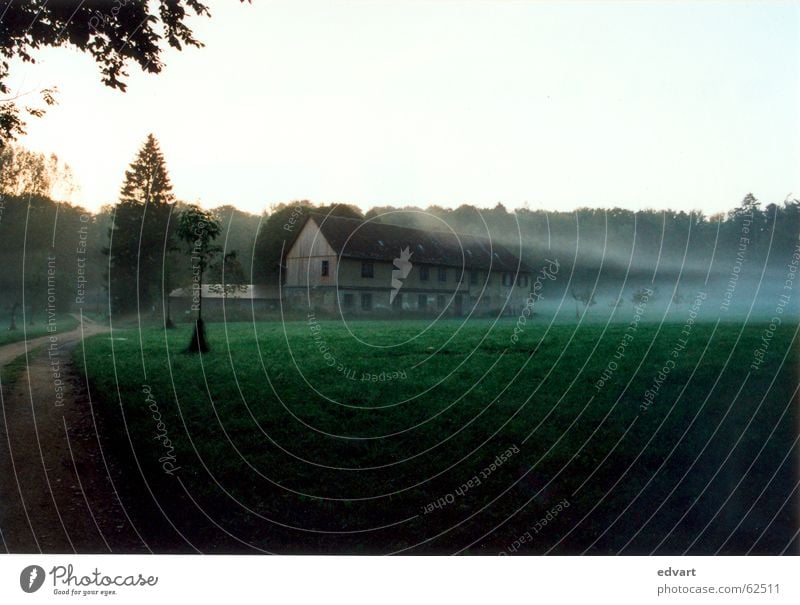 scheune im nebel Nebel Morgen kalt Haus Wald Morgendämmerung Wege & Pfade