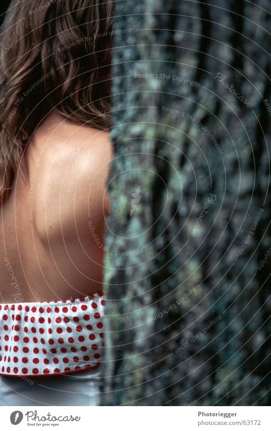 Das Blatt Kleid Schulter Baum Baumrinde grün rot weiß Dame Punkt Haare & Frisuren trägerlos