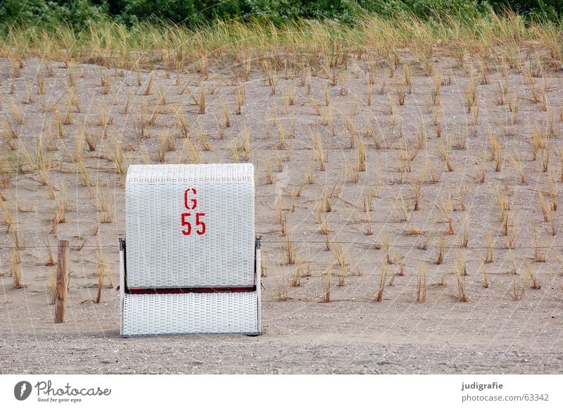 G 55 Buchstaben Ziffern & Zahlen Schablonenschrift Typographie rot weiß Strand Ferien & Urlaub & Reisen Strandkorb Gras aufgereiht Luft ruhig Pflanze geflochten