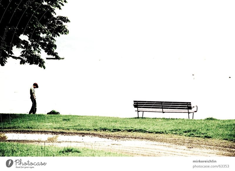 In front of nothing Junge Baum See weiß leer Wiese Bank boy rien leblosigkeit tree lake Wege & Pfade