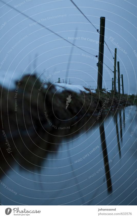 Abgrenzung Landschaft Wasser Winter Nebel Wiese Bach Zaun Zaunpfahl bedrohlich dunkel blau grau Schutz Einsamkeit Ende kalt Krise Traurigkeit Unlust Verbote