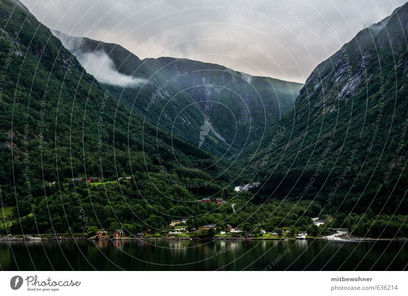 river deep, mountain high Ferien & Urlaub & Reisen Tourismus Ferne Kreuzfahrt Berge u. Gebirge Natur Landschaft Wolkenloser Himmel Wetter Nebel Küste Fjord Dorf