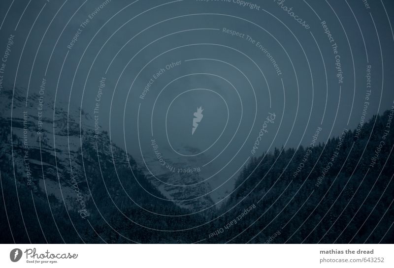 DER BERG Umwelt Natur Landschaft Luft Himmel Wolken Winter schlechtes Wetter Nebel Baum Wald Alpen Berge u. Gebirge Aggression bedrohlich dunkel gigantisch groß