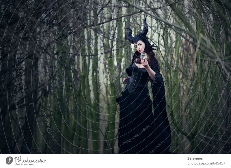 Maleficent Karneval Mensch feminin Frau Erwachsene 1 Subkultur Umwelt Natur Wald Märchen Märchenwald Hexe Mythologie Wahrsagerei Horn Farbfoto Gedeckte Farben