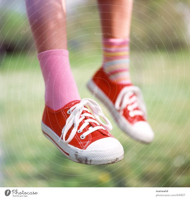 Ich sitze hier auf meinem Baum... Turnschuh Schuhe rot Strümpfe Ringelsocken Verschiedenheit Schuhbänder rosa Wade Wiese Gras Außenaufnahme Tiefenschärfe Kind