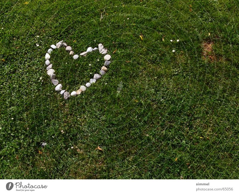 Herz aus Stein auf Grün Zuneigung Kontinuität Gras grün grau herzförmig Liebe alt