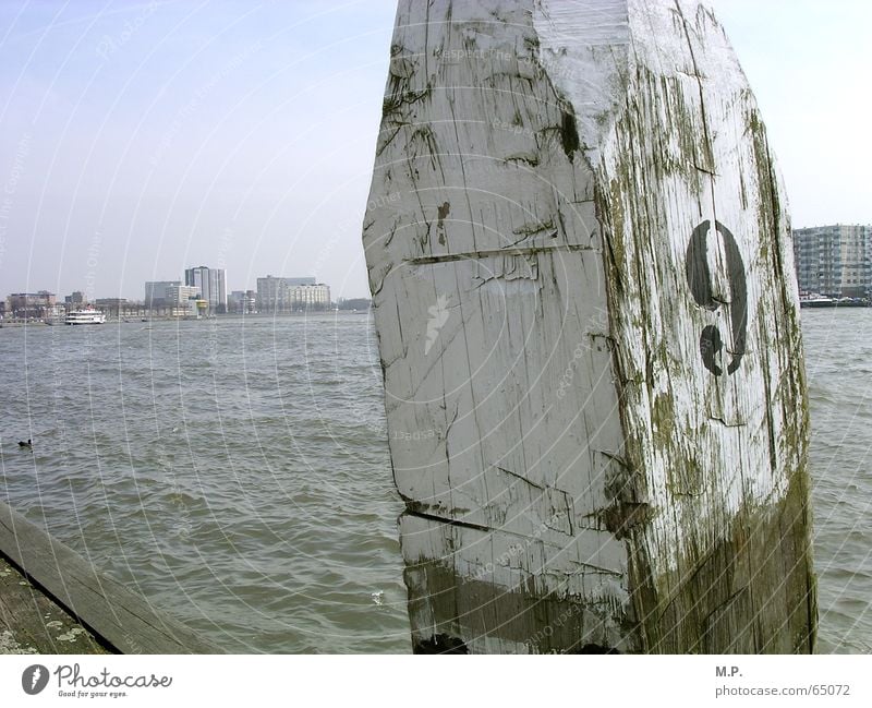 Maas-Blick Meer 9 Typographie weiß Stadt Ziffern & Zahlen Holz Strand Niederlande Rotterdam Fluss Wasser Pfosten Küste Himmel