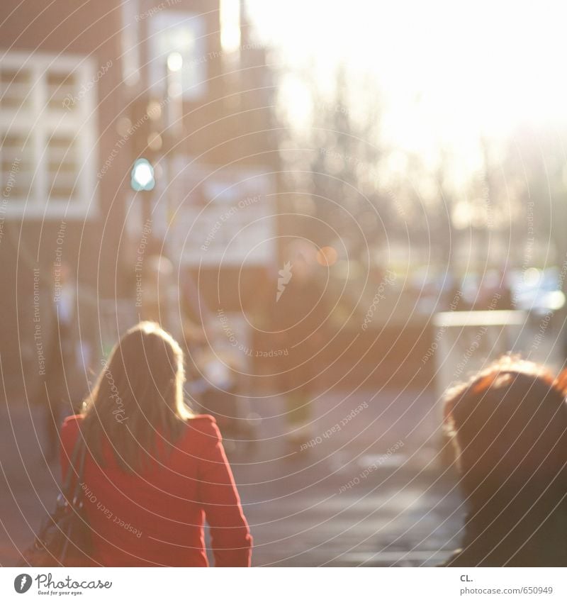 es ist grün Feierabend Mensch feminin Frau Erwachsene Menschengruppe Stadt Verkehr Verkehrswege Straßenverkehr Fußgänger Wege & Pfade Ampel gehen warten