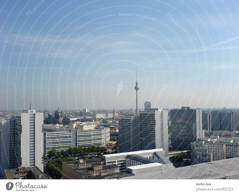 Herausragend. Stadt Hochhaus Palast der Republik Wohnhochhaus Sommer Sonne Klarer Himmel Smog Horizont Berlin Berliner Fernsehturm Skyline U-Bahn Plattenbau