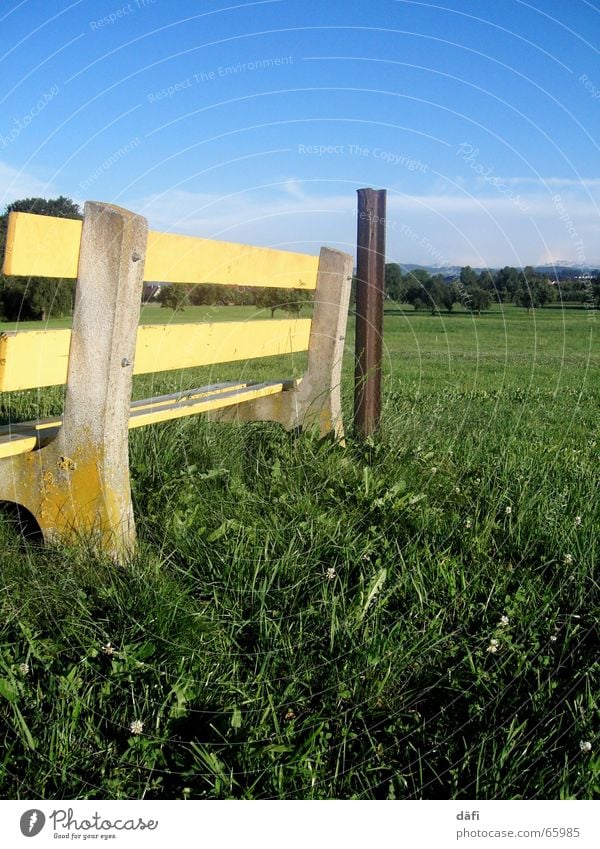 Sitz! gelb Wiese Gras Pause einladend hocken Erholung Aufenthalt Bank Pfosten sitzen absitzen ausladend abhocken weiter gehen Feld Himmel blau grün Schweiz