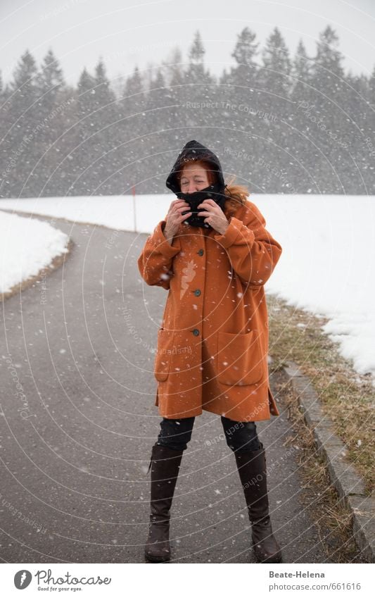 Winterlich frisch Ferien & Urlaub & Reisen Ausflug Schnee Winterurlaub wandern Frau Erwachsene 1 Mensch Umwelt Landschaft Wolken Eis Frost Schneefall Baum Wiese