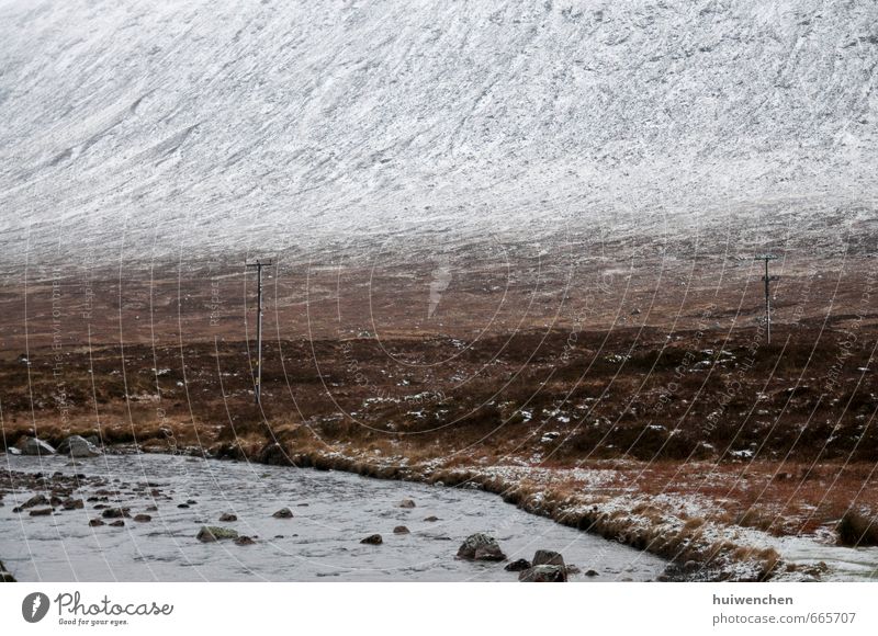 Herkunft und Zivilisation Natur Landschaft Winter Schnee Feld Felsen Berge u. Gebirge Schneebedeckte Gipfel Bach braun grau weiß friedlich Gelassenheit offen