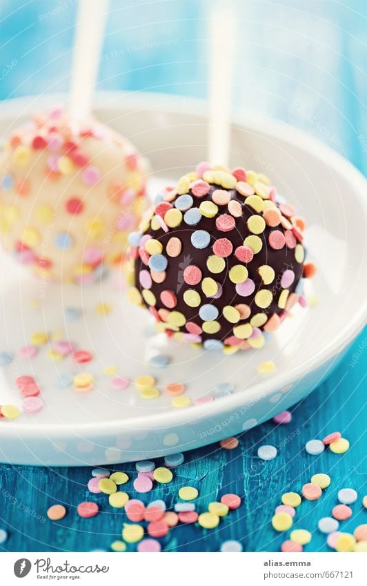 bunte schoko cake pops Kuchen Schokolade Backwaren amerikanisch Konfetti Zuckerstreusel pop cakes bälle rund klein süß Besenstiel lecker Speise Essen