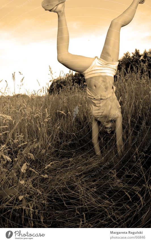 die welt aus einem anderen Winkel sehen Gras Feld Mädchen Frau Handstand Sommer Kornfeld Unterhose Flipflops Unbekümmertheit Freude lustig Himmel