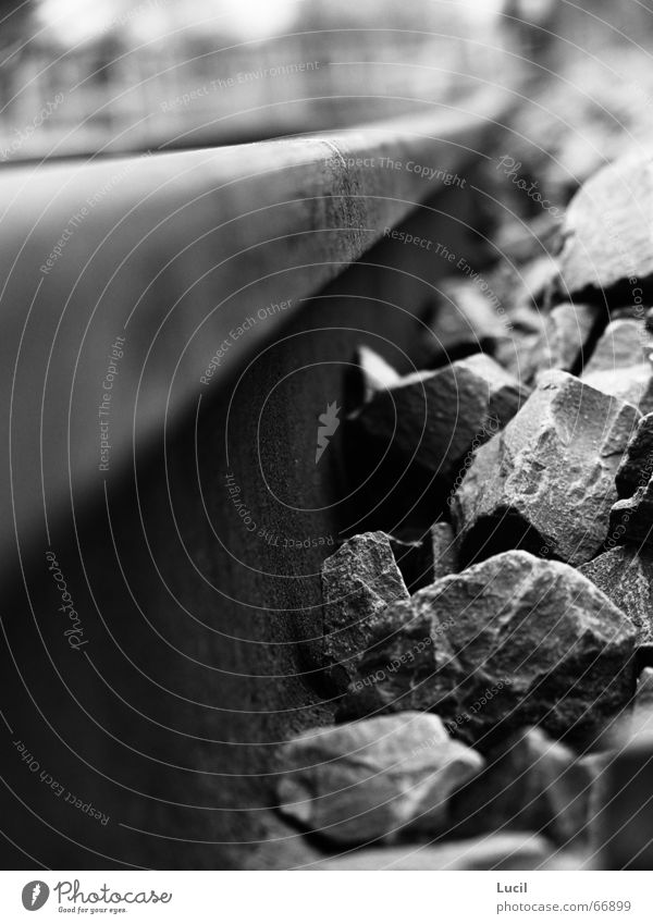 Bahnschiene Ferne Fernweh Gleise Makroaufnahme Wege & Pfade Perspektive Stein Schwarzweißfoto b/w Bahnhof