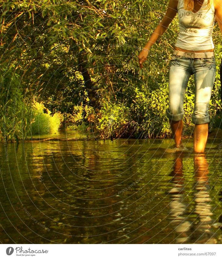 und noch ein Mensch Frau blond bauchfrei Sommer Bach Barfuß kalt Kühlung Erfrischung Notarzt Schönes Wetter sommerhitze kein speckröllchen Wasser