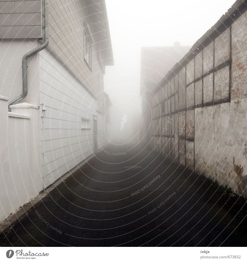 spooky neighbourhood Lifestyle Häusliches Leben Haus Luft schlechtes Wetter Nebel Dorf Kleinstadt Stadtrand Menschenleer Einfamilienhaus Gebäude Wohngebiet